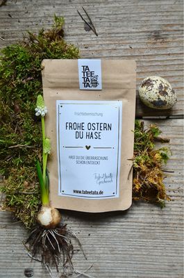 Tütchen Früchtetee “Frohe Ostern, Du Hase”, in zwei Grössen Tütchen Früchtetee “Frohe Ostern, Du Hase”, in zwei Grössen