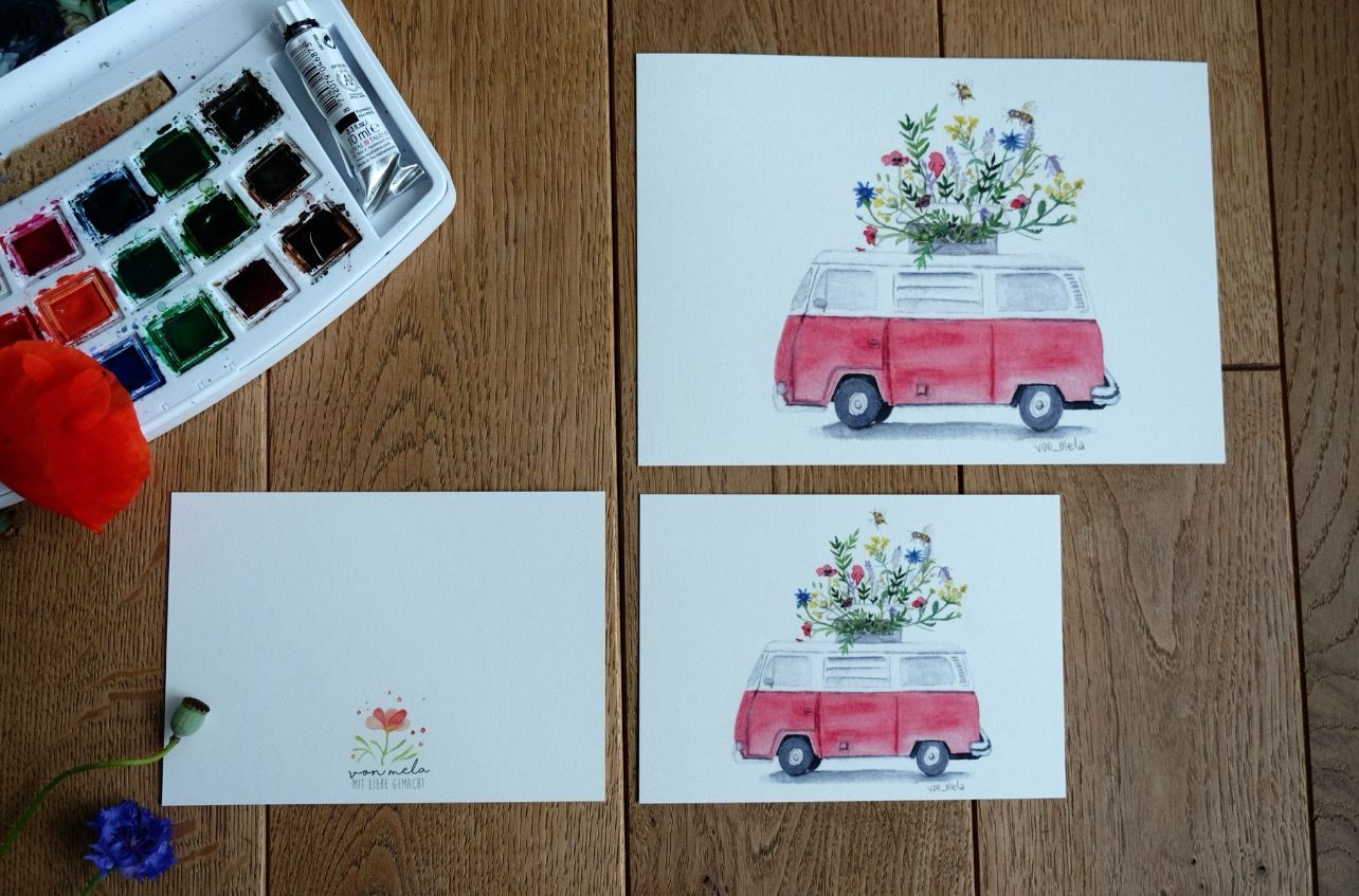 Postkarte Aquarell “Bulli Blumenbus” in rot und grün, Farbe: Rot