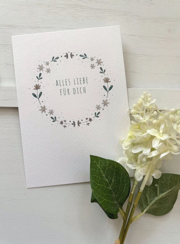 „Alles Liebe für Dich“ Aquarell Postkarte mit Blumenkranz, handgezeichnet „Alles Liebe für Dich“ Aquarell Postkarte mit Blumenkranz, handgezeichnet