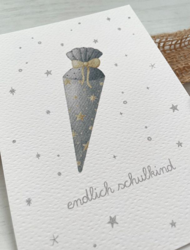 „Endlich Schulkind“ Aquarell Postkarte, handgezeichnet „Endlich Schulkind“ Aquarell Postkarte, handgezeichnet