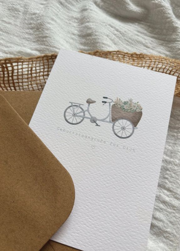 „Geburtstagsgrüße für Dich“ Aquarell Postkarte handgezeichnet, mit Lastenrad und Blümchen „Geburtstagsgrüße für Dich“ Aquarell Postkarte handgezeichnet, mit Lastenrad und Blümchen