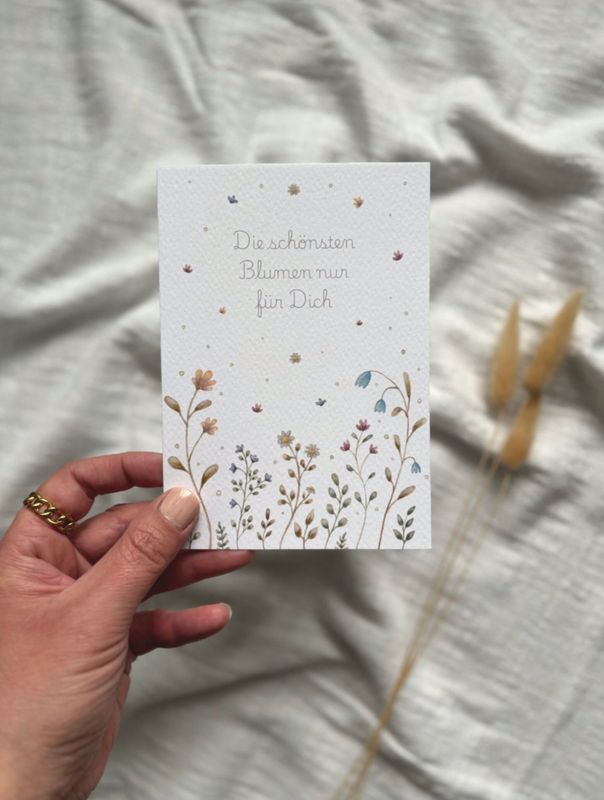„Die schönsten Blumen nur für Dich“ Aquarell Postkarte handgezeichnet, mit Blumenwiese „Die schönsten Blumen nur für Dich“ Aquarell Postkarte handgezeichnet, mit Blumenwiese
