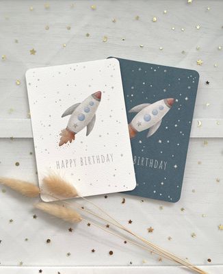 „Happy Birthday“ Rakete Aquarell Postkarte, in weiss oder blau
