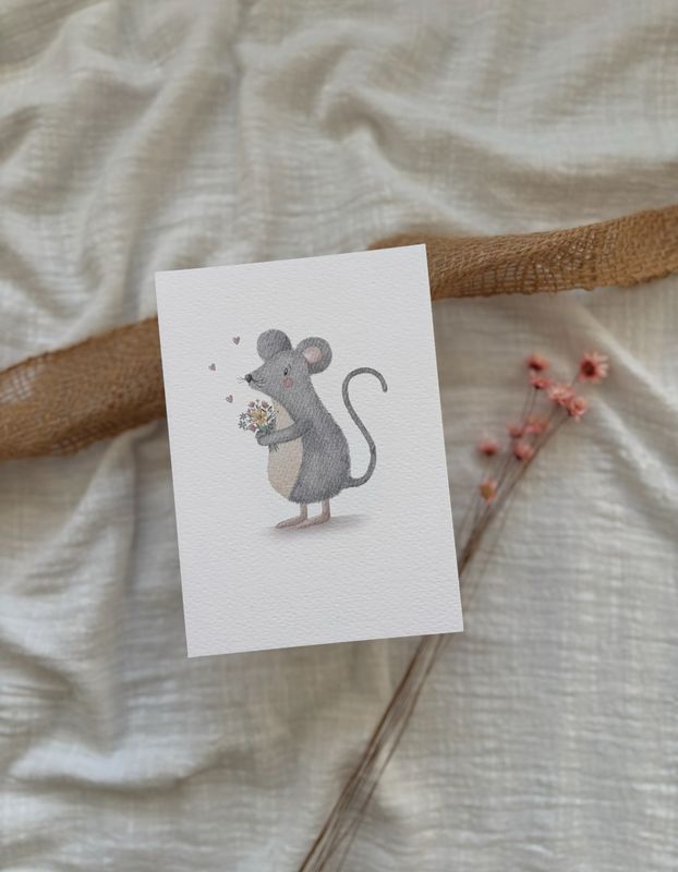 „Maus mit Blumenstrauss“ Aquarell, Postkarte oder Klappkarte mit Umschlag „Maus mit Blumenstrauss“ Aquarell, Postkarte oder Klappkarte mit Umschlag