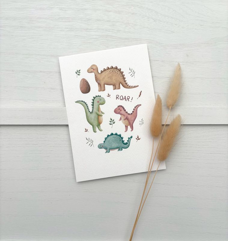 Klappkarte mit Umschlag „Dinosaurier“, Aquarell handgezeichnet Klappkarte mit Umschlag „Dinosaurier“, Aquarell handgezeichnet