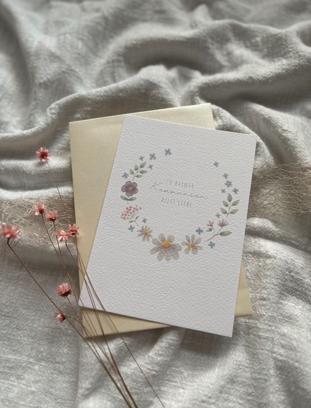 „Zu Deiner Kommunion alles Liebe“ Aquarell Klappkarte mit Umschlag, Blumenkranz „Zu Deiner Kommunion alles Liebe“ Aquarell Klappkarte mit Umschlag, Blumenkranz