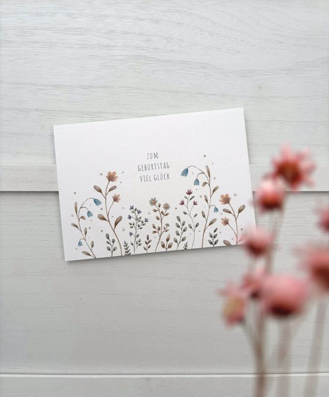 „Zum Geburtstag viel Glück“ Aquarell, Postkarte oder Klappkarte mit Umschlag Blumenwiese „Zum Geburtstag viel Glück“ Aquarell, Postkarte oder Klappkarte mit Umschlag Blumenwiese