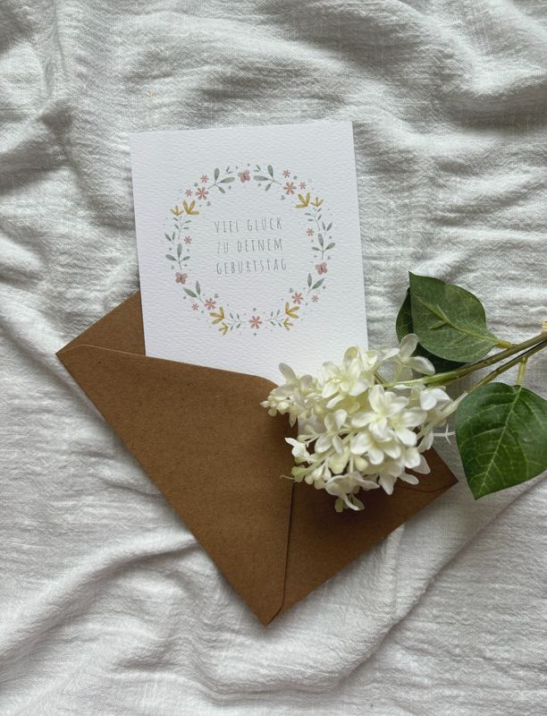 „Viel Glück zu Deinem Geburtstag“ Aquarell, Postkarte oder Klappkarte mit Umschlag, Blumenkranz „Viel Glück zu Deinem Geburtstag“ Aquarell, Postkarte oder Klappkarte mit Umschlag, Blumenkranz