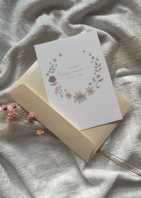 „Zu Deiner Konfirmation alles Liebe“ Aquarell, Postkarte oder Klappkarte mit Umschlag, Blumenkranz „Zu Deiner Konfirmation alles Liebe“ Aquarell, Postkarte oder Klappkarte mit Umschlag, Blumenkranz