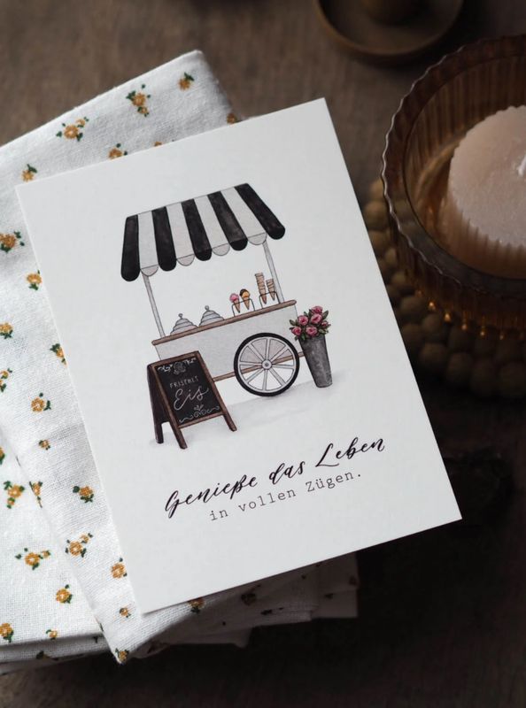 Postkarte „Genieße das Leben in vollen Zügen“ Eiswagen, von Frollein Lücke Postkarte „Genieße das Leben in vollen Zügen“ Eiswagen, von Frollein Lücke