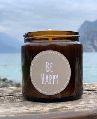 Aromakerze „BE HAPPY“ aus naturreinen ätherischen Bioölen und Sojawachs handgefertigt, zwei Grössen