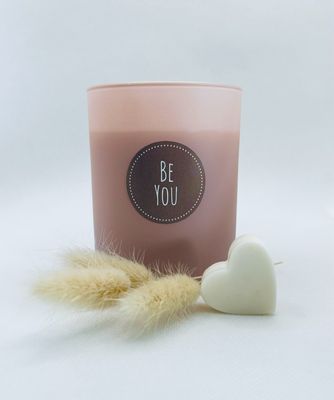 Aromakerze „BE YOU“ aus naturreinen ätherischen Bioölen und Sojawachs handgemacht, 300ml rosa Mattglas