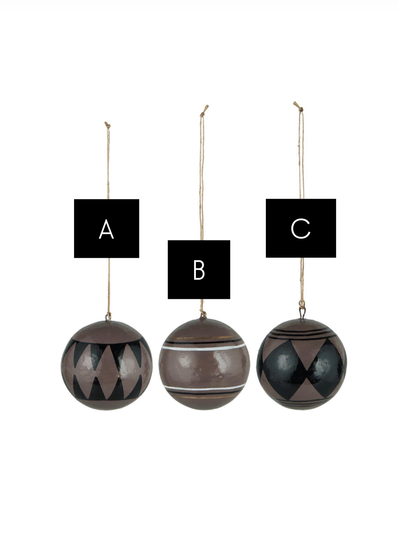 Grosse skandinavische Weihnachtskugeln „Milky Brown“, aus Pappmaché in drei verschiedenen Designs, von Ib Laursen