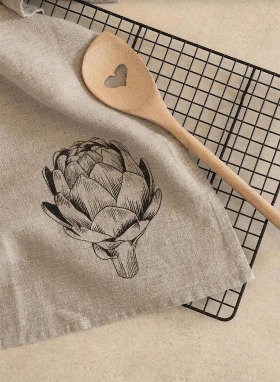 Handbedrucktes Geschirrtuch „Artischocke“, aus Naturleinen