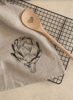 Handbedrucktes Geschirrtuch „Artischocke“, aus Naturleinen
