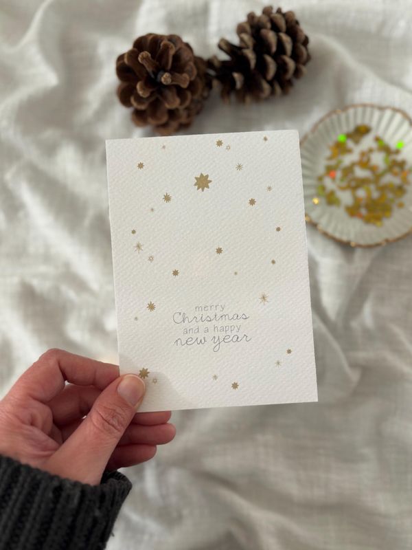 Postkarte Sternenhimmel „Merry Christmas an a happy new year“ Postkarte Sternenhimmel „Merry Christmas an a happy new year“