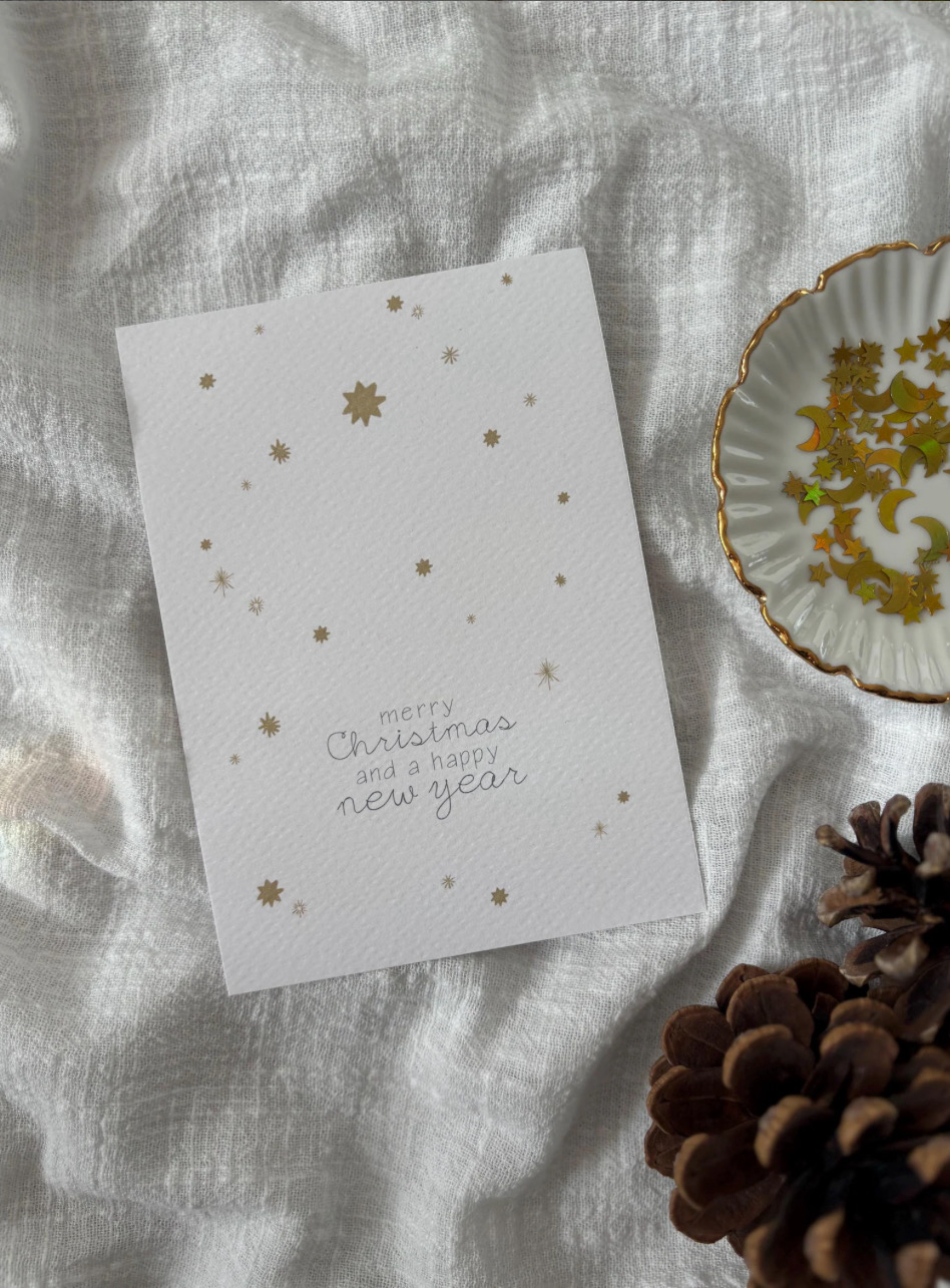 Postkarte Sternenhimmel „Merry Christmas an a happy new year“