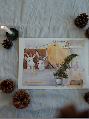 Weihnachtskarte „Alle Jahre wieder“, Stallweihnacht von Mela