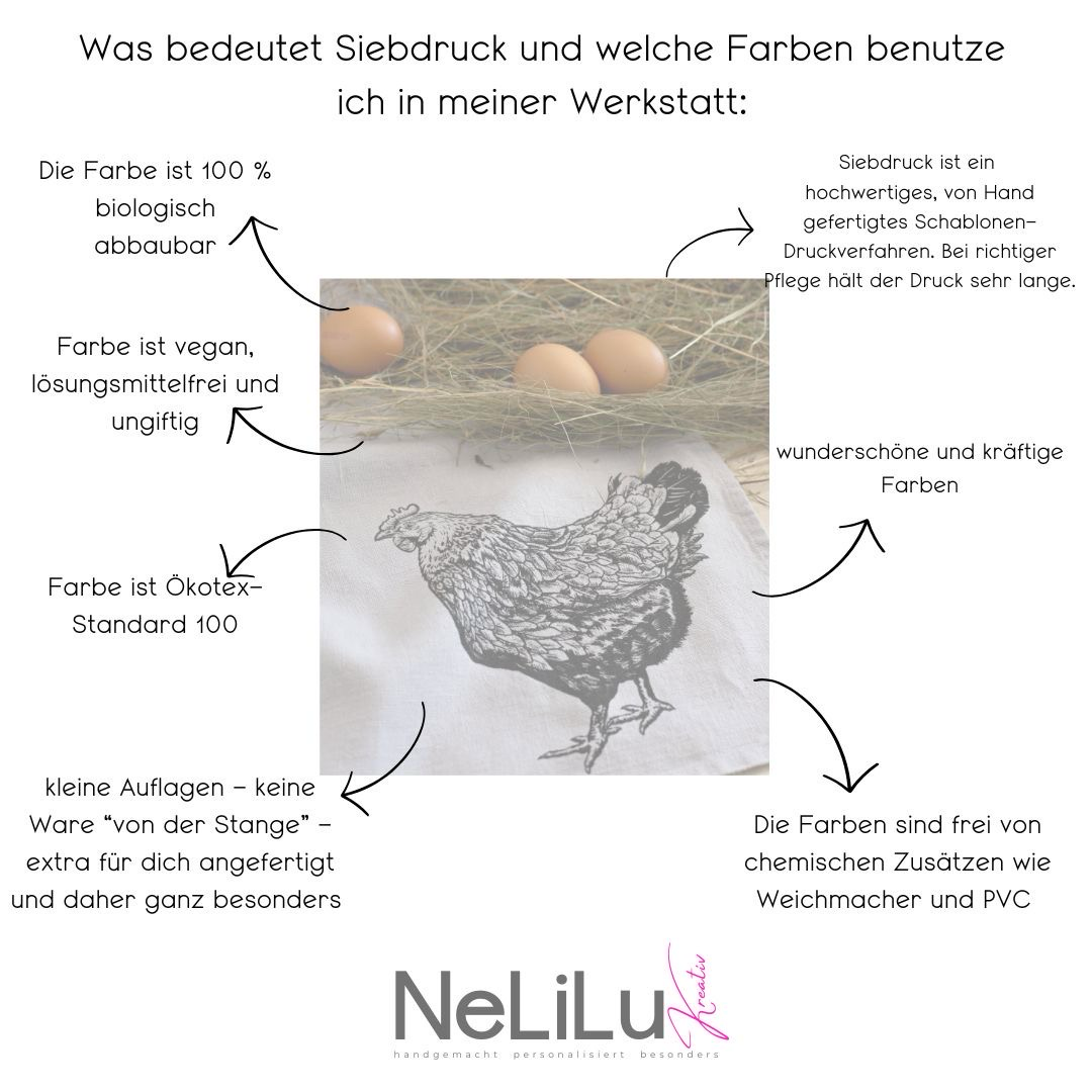 Geschirrtuch „Huhn“ aus Leinenstoff, in grau Handsiebdruck