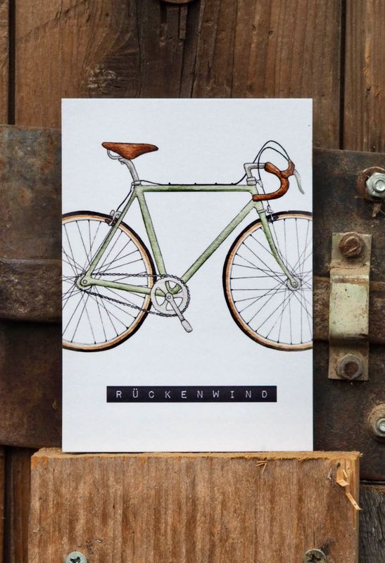 Postkarte „Rückenwind“ mit Rennrad, von Frollein Lücke