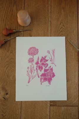 Handgefertigter Linoldruck „Frühlingsblumen“, in pink