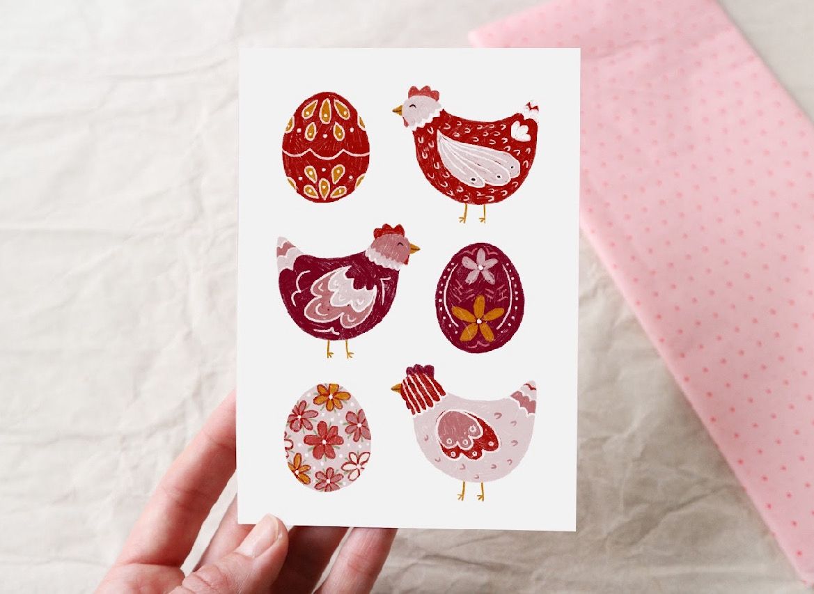 Klappkarte Ostern mit Umschlag „Schwedische Ostereier und Hühner“