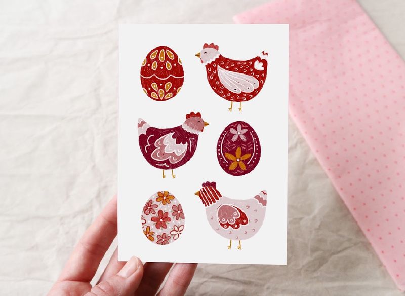 Klappkarte Ostern mit Umschlag „Schwedische Ostereier und Hühner“