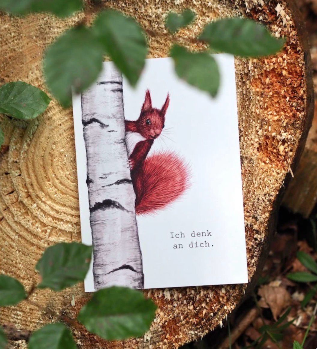 “Ich denk an Dich” Eichhörnchen Postkarte von Frollein Lücke