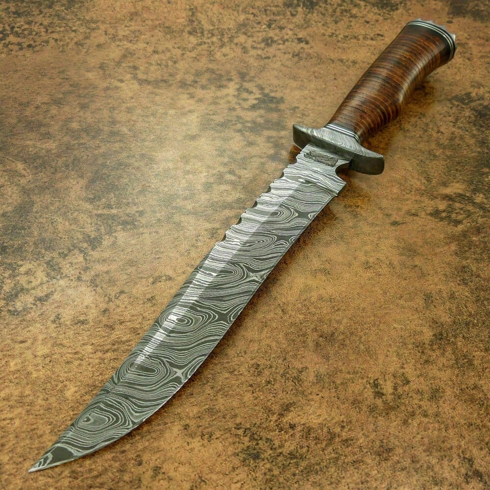 Beautiful Custom Handmade Damascus Steel Bowie Knife &quot; Leather Roll Handle