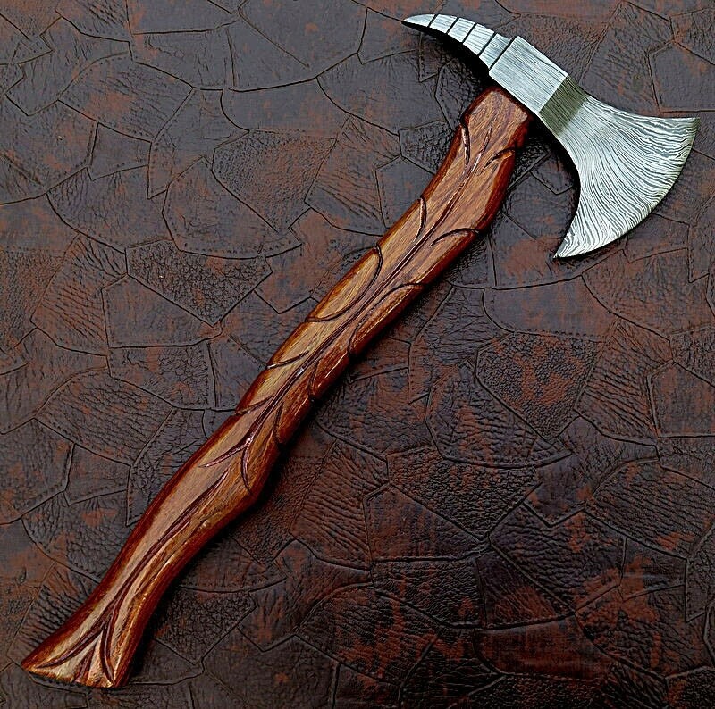 UNIQUE HAND MADE DAMASCUS STEEL  HATCHET AXE HEAD KNIFE 
WITH LEATHER SHEATH