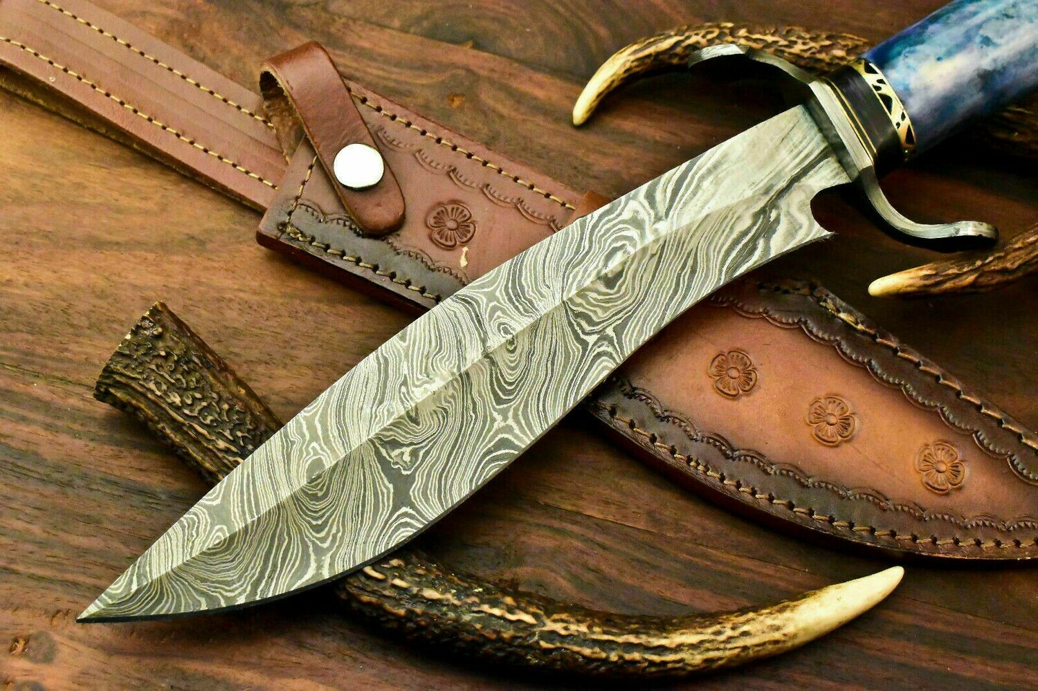 Beautiful Custom Handmade Damascus Steel Bowie Knife &quot; Stained Camel Bone Handle