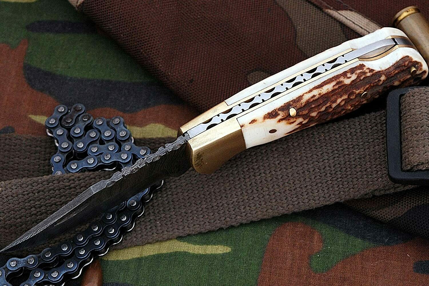 Custom Handmade Damascus Steel 6.5 Inches Folding Knife - Beautiful Stage Handle with Brass Bolster