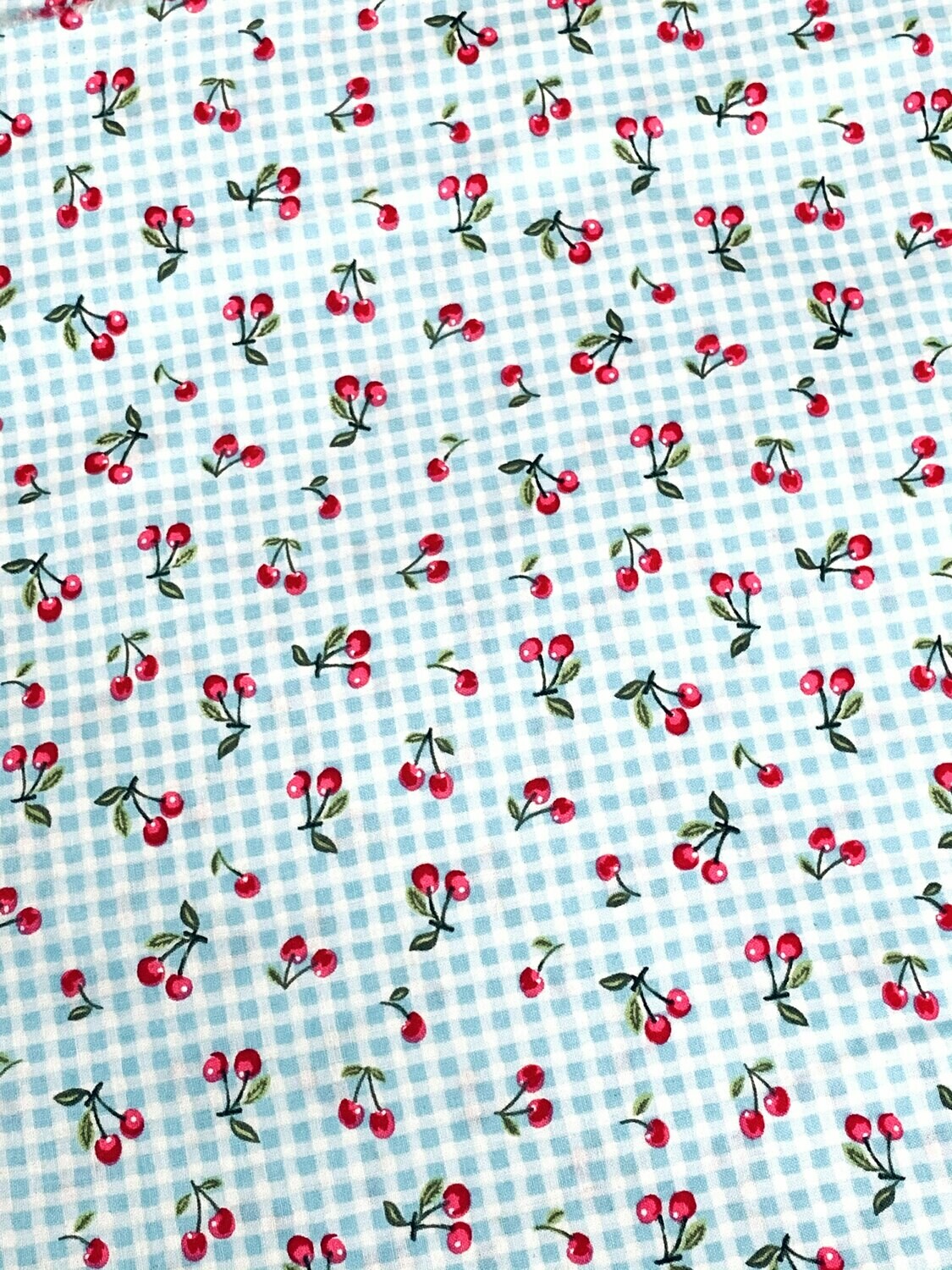 Small Cherries on Gingham, Baby Blue | Quilting Cotton | 112cm wide
