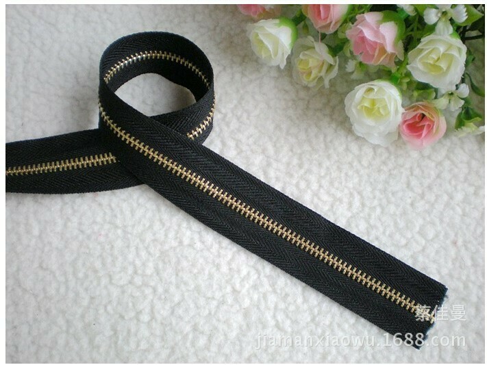 Black, Light Gold Teeth | Continuous Zipper Tape, #3 | Metal