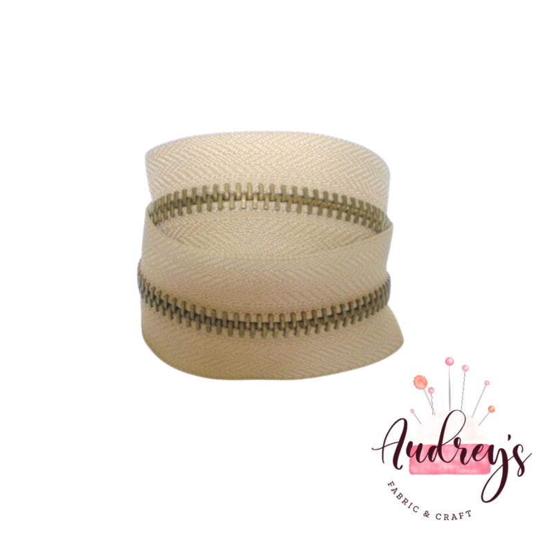 Beige, Antique Brass Teeth | Continuous Zipper Tape, #5 | Metal