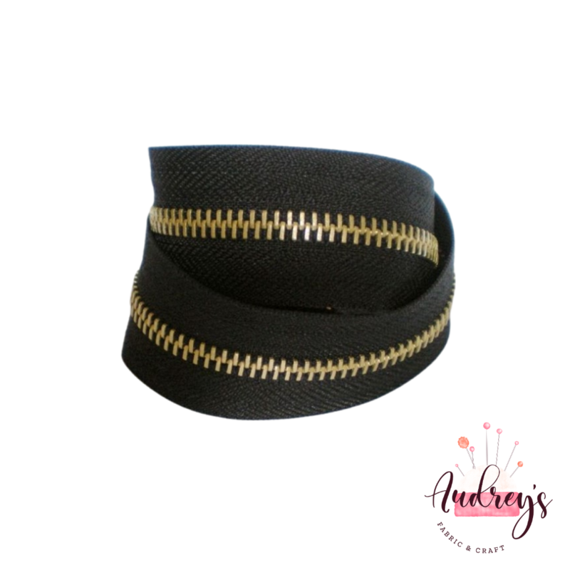 Black, Light Gold Teeth | Continuous Zipper Tape, #5 | Metal