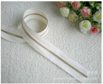 White, Light Gold Teeth | Continuous Zipper Tape, #3 | Metal