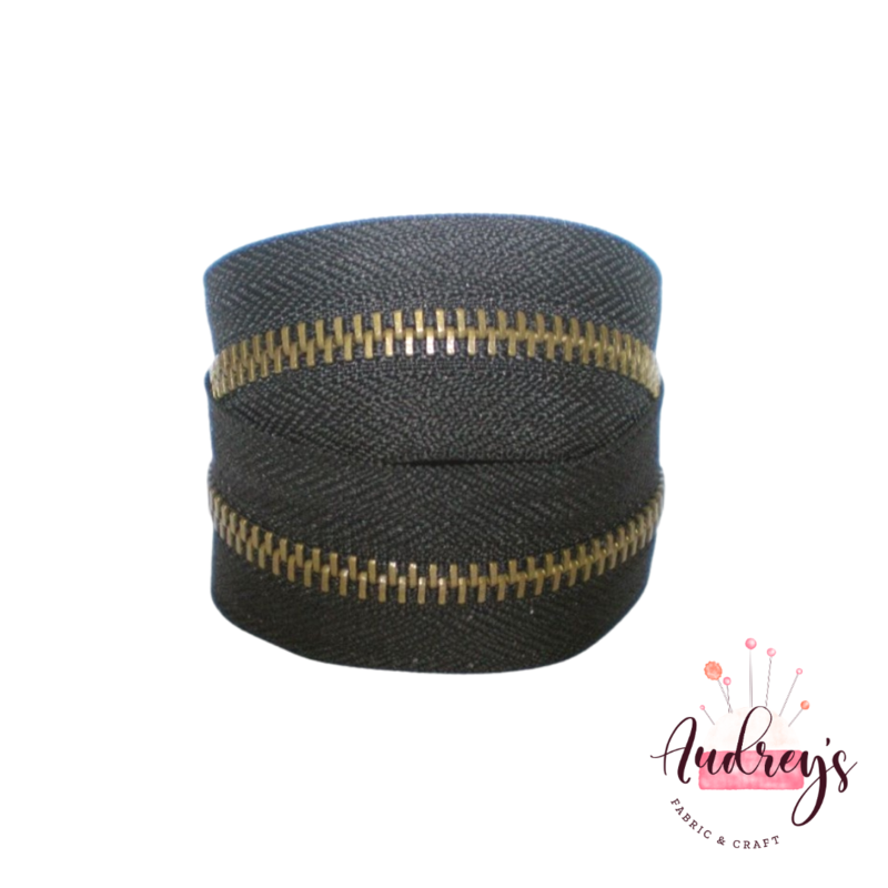 Black, Antique Brass Teeth | Continuous Zipper Tape, #5 | Metal