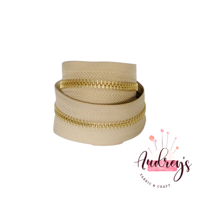 Beige, Light Gold Teeth | Continuous Zipper Tape, #5 | Metal