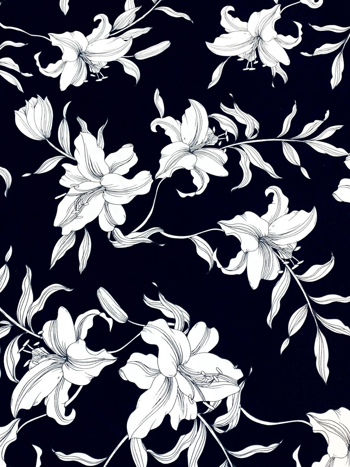 White Lilies on Black | Cotton Sateen | 145cm wide - 0.55m Piece