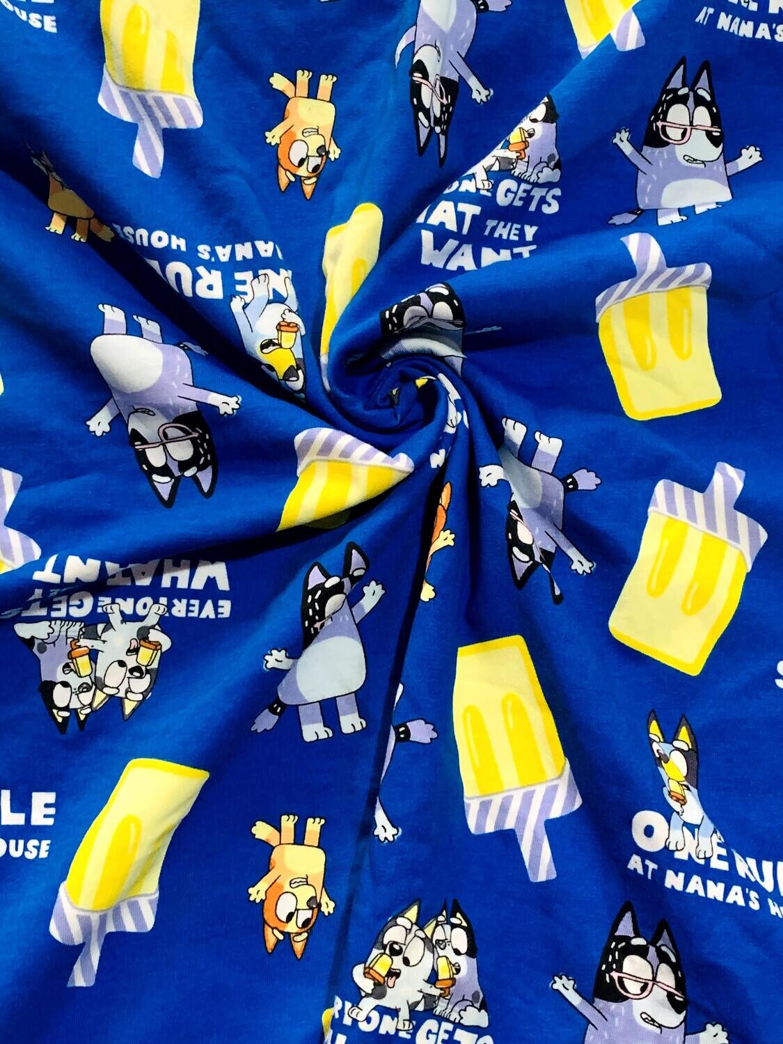Bluey, One Rule at Nanna&#39;s Navy | Licensed Cotton Lycra, 180gsm | 180cm Wide - 0.9m Piece