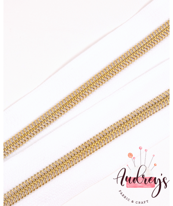 White Tape w/ Gold Teeth | Continuous Zipper Tape, #3 | Nylon Teeth