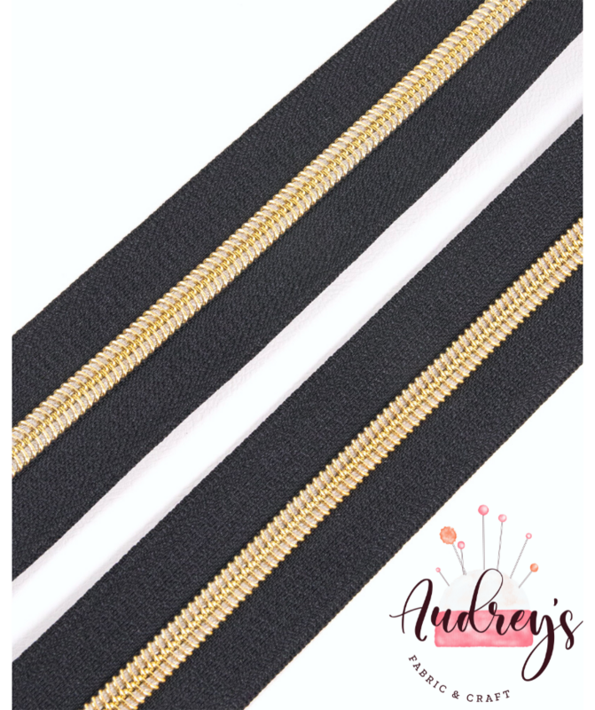 Black Tape w/ Light Gold Teeth | Continuous Zipper Tape, #5 | Nylon Teeth