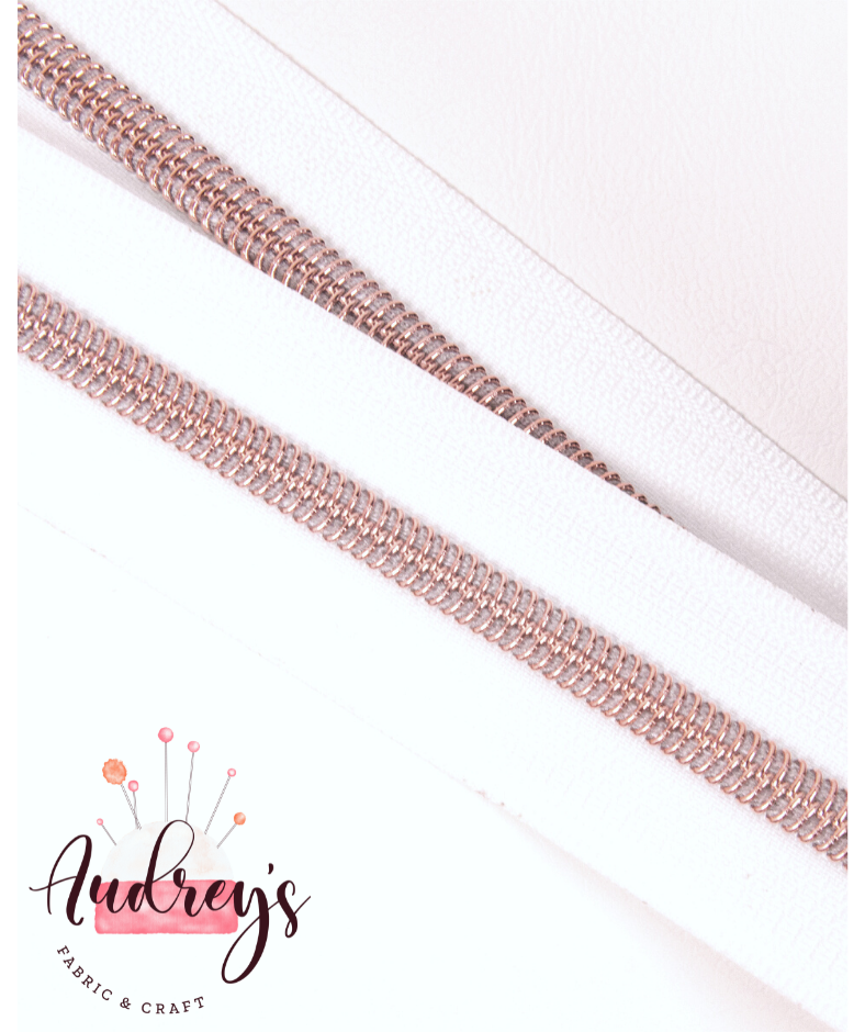 White Tape w/ Rose Gold Teeth | Continuous Zipper Tape, #5 | Nylon Teeth