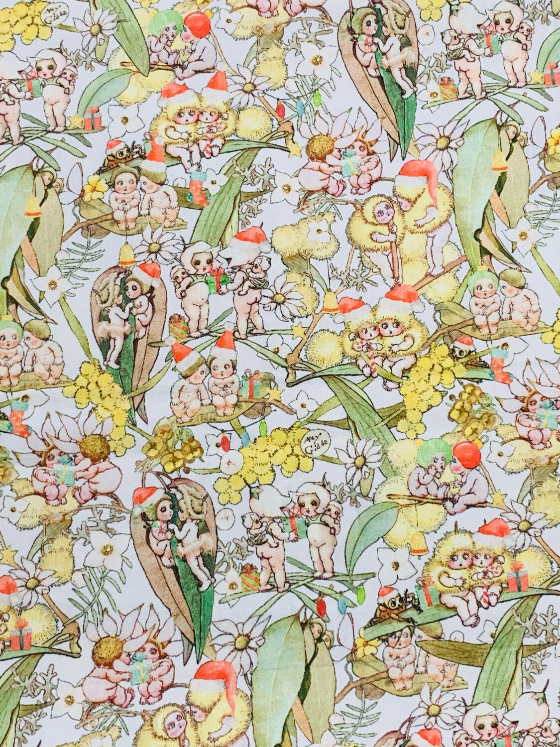 May Gibbs Gossiping Gumnut Christmas, White | Licensed Quilting Cotton | 112cm wide
