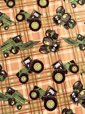 Tractors on Plaid Tan, John Deere | Licensed Quilting Cotton | 112cm wide