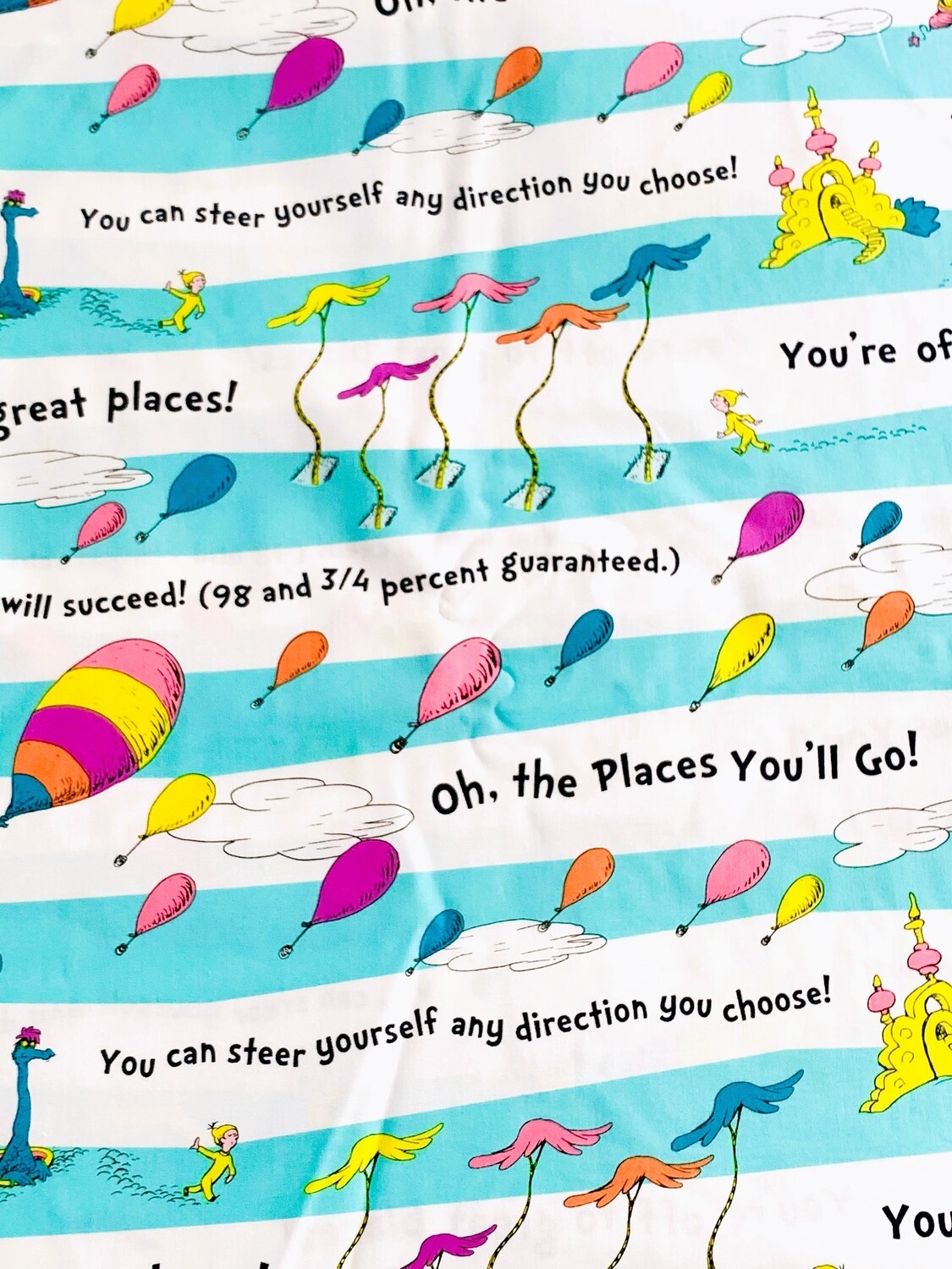 Dr Seuss, "Oh the Places You'll Go" Stripe Aqua | Licensed Quilting Cotton | 112cm wide