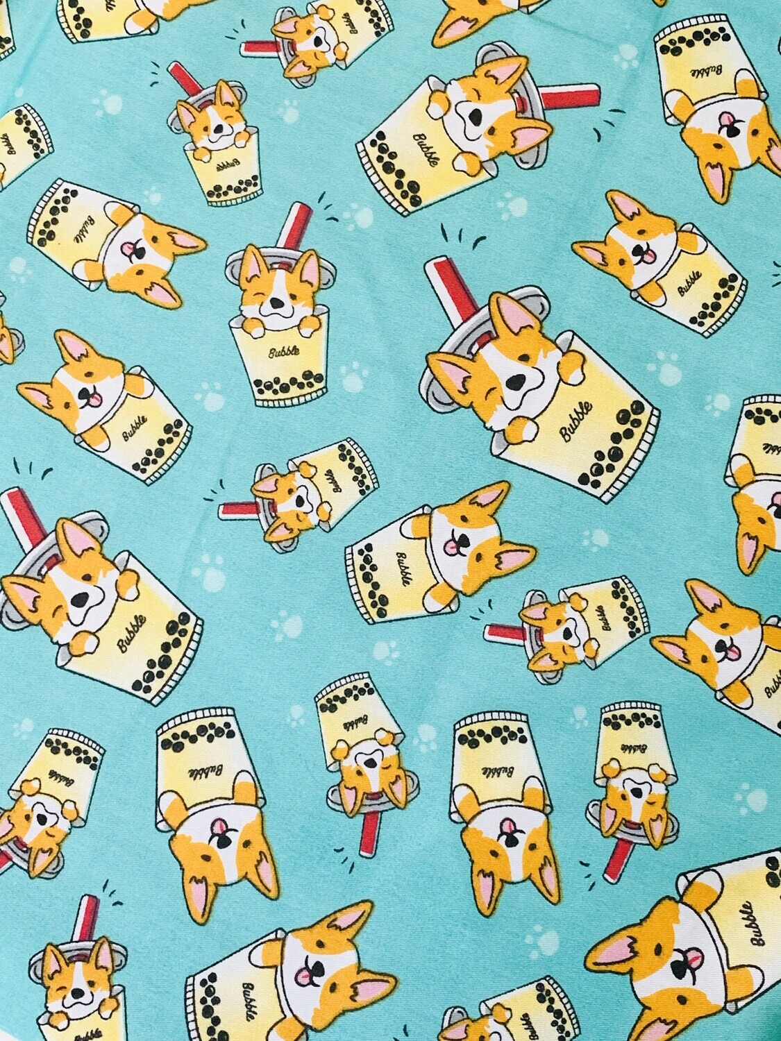 Corgi Bubble Tea, Aqua | Twill-weave Cotton Woven | 160cm wide - 0.4m Piece