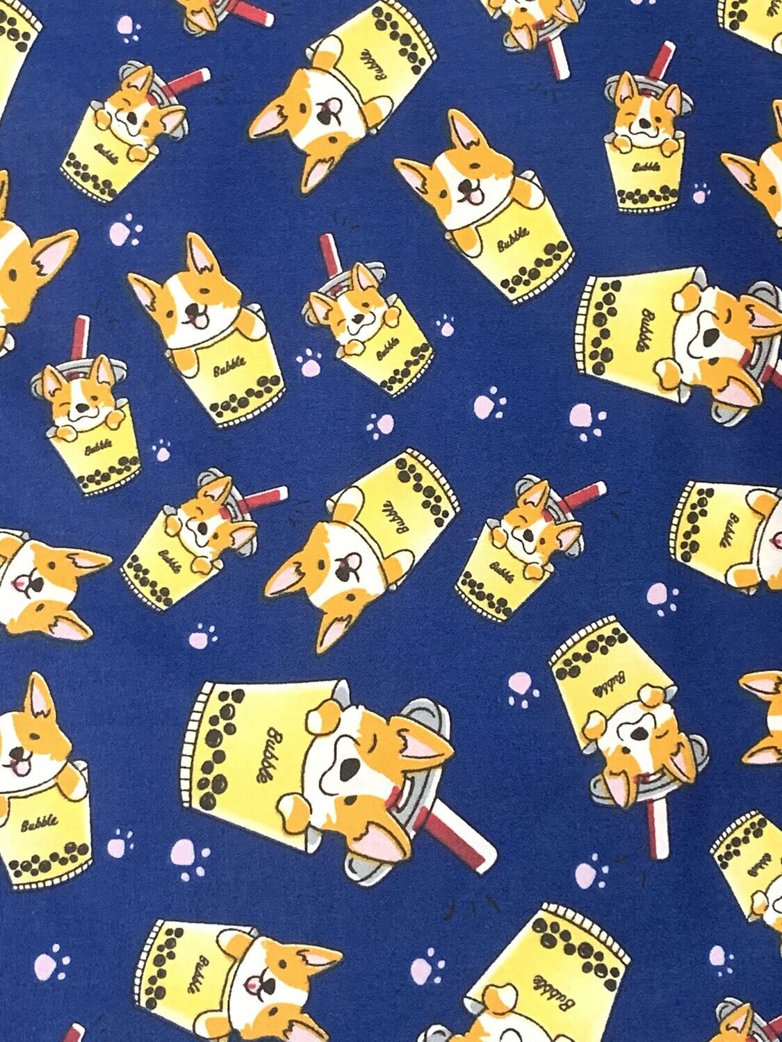 Corgi Bubble Tea, Navy | Twill-weave Cotton Woven | 160cm wide - Remnants