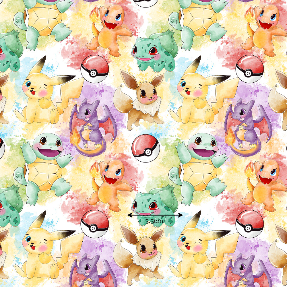 Pokemon Watercolour | Digital Print Custom Quilting Cotton | 145cm wide